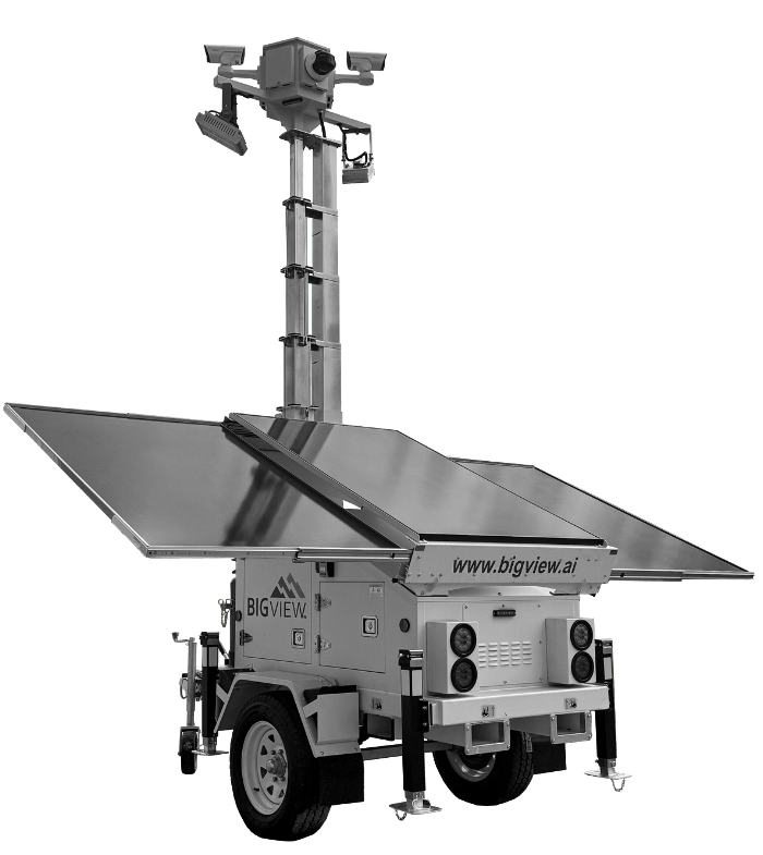 BIGView mobile security trailer with 360-degree AI cameras and solar power array.