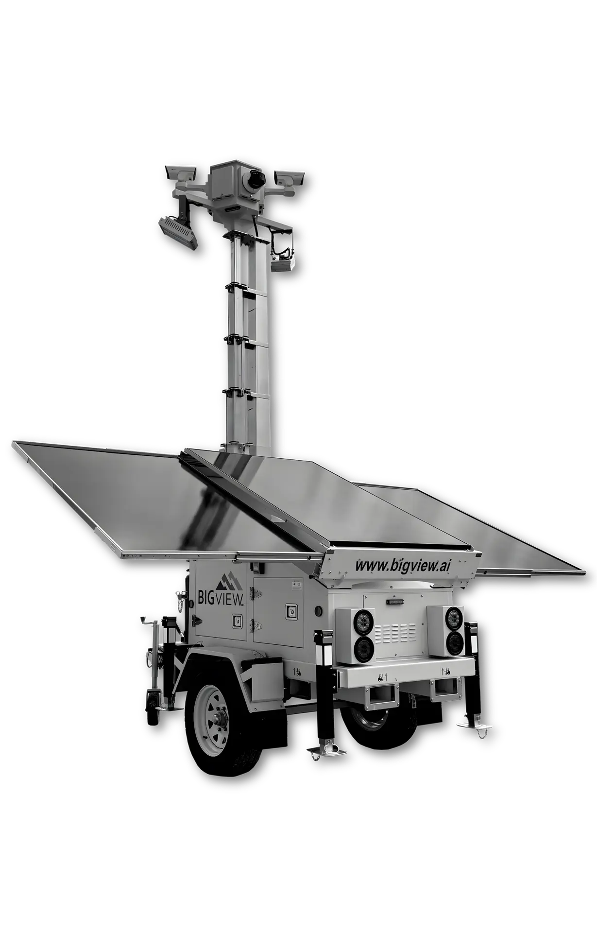 BIGView mobile security trailer with 360-degree AI cameras and solar power array.